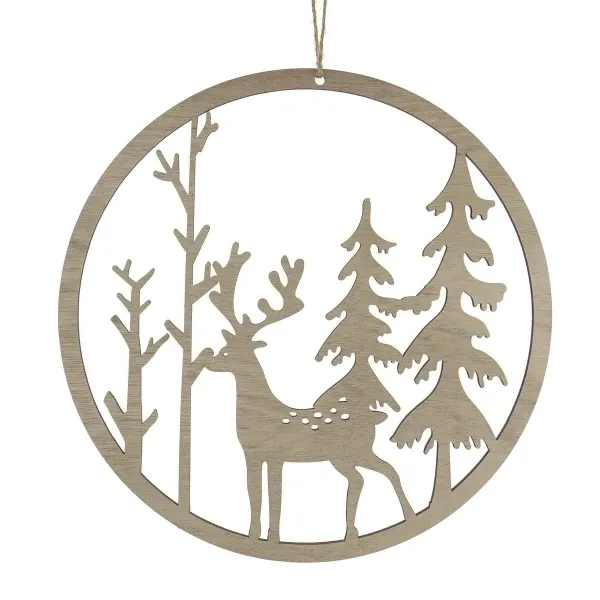 Kaemingk Fensterbild Rund mit Hirsch & Tannen Natur Ø 30 cm - Holz