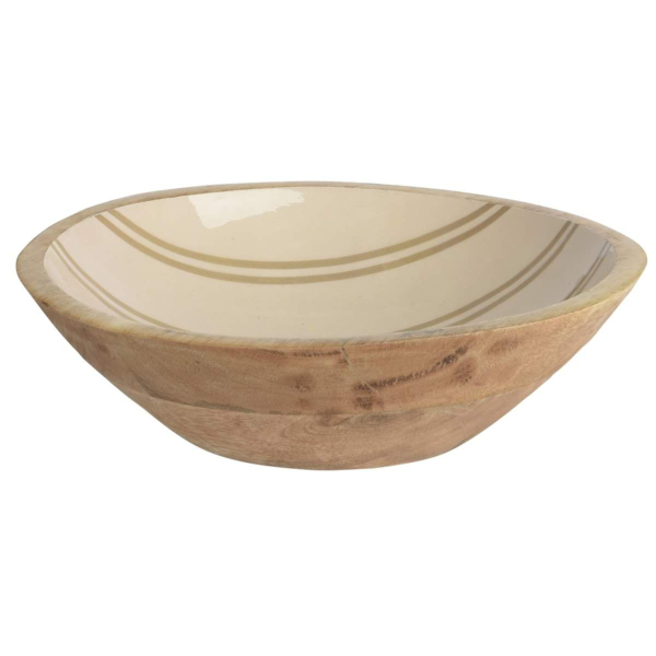 Kaemingk Holz-Schale Beigegrün mit Streifen Ø 24 cm Höhe 6,5 cm - Mangoholz