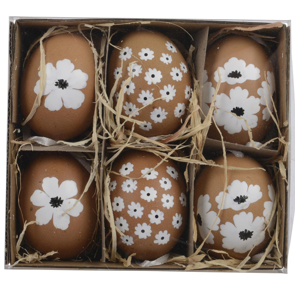 Kaemingk Oster Deko-Eier Braun mit Blumenmuster im 6er Pack - echte Hühnereier