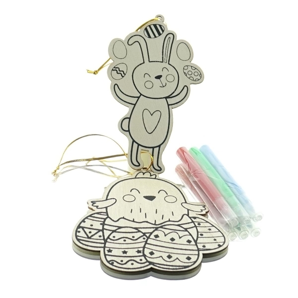 Kaemingk Kinder PiY Hasen- & Kükenanhänger zum Bemalen mit 3 Stiften - Holz