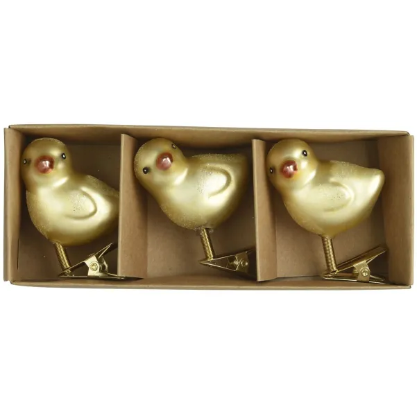 Kaemingk Oster Kücken Goldfarben matt mit Glitter & Clip 3er Pack 4,7 x 5,5 cm - Glas