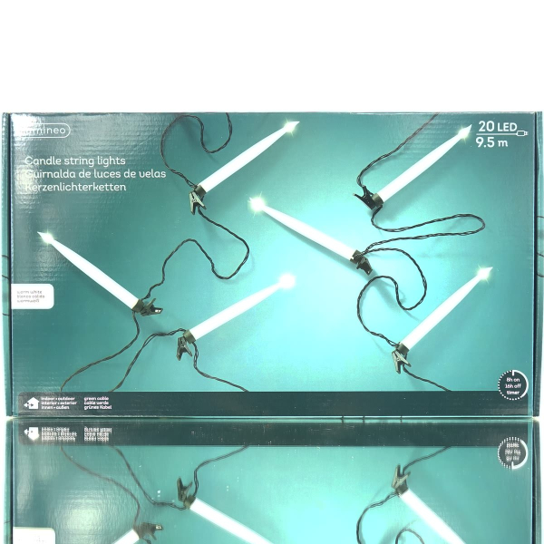 Lumineo LED Kerzenlichterkette Weiß grünes Kabel 9,5 Meter 20 Lichter mit Befestigungsklipp - warmweiß