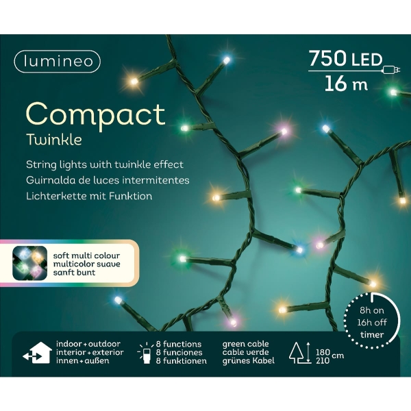 Lumineo LED Lichterkette Compact Twinkle grünes Kabel 16 Meter 750 Lichter - soft bunt