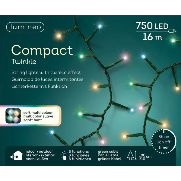 Lumineo LED Lichterkette Compact Twinkle grünes Kabel 16 Meter 750 Lichter - soft bunt
