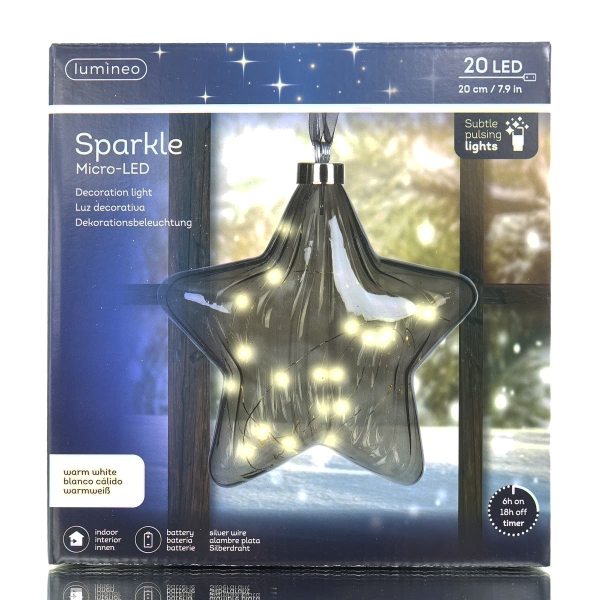 Lumineo Micro-LED Stern Anthrazit transparent mit Lichterkette warmweiß  Ø 20 cm 20 Lichter - warmweiß