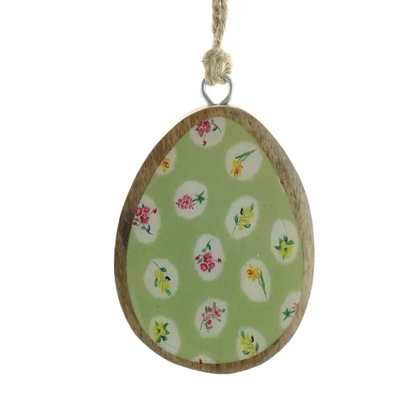 Kaemingk Oster-Deko Anhänger Grün-Weiß mit Blumen Eiform 7,5 cm - Mangoholz
