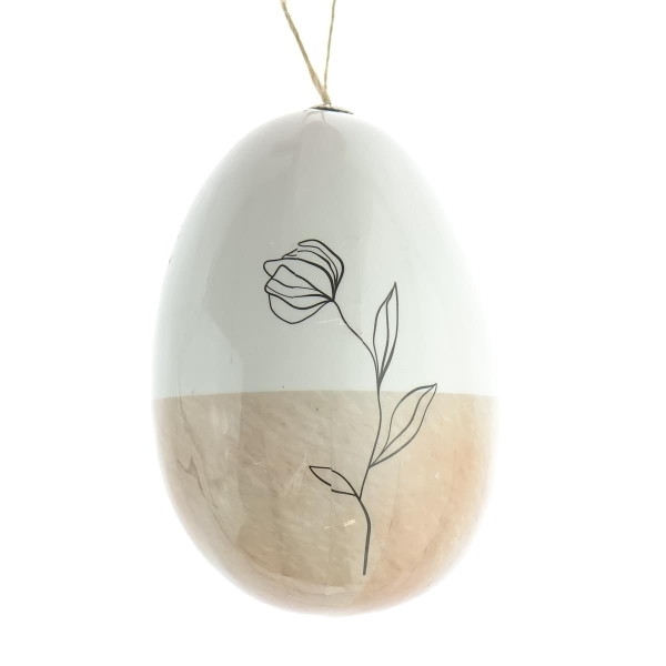 Kaemingk Oster-Deko Ei-Anhänger Creme & Weiß mit Blumendekor 13 cm - Kunststoff