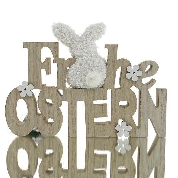 Kaemingk Schriftzug Frohe Ostern mit Plüschhasen Wollweiß - Holz