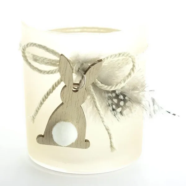 Kaemingk Teelichtglas Braun & Matt mit Hasenanhänger Ø 8 cm - Glas