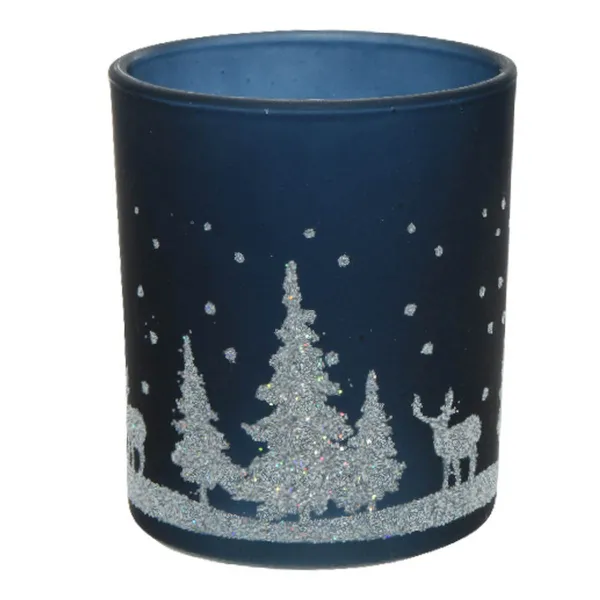 Weihnachts-Teelichtglas Night Blue dunkelblau mit silberfarbenem Glitter Ø 7 cm - Glas
