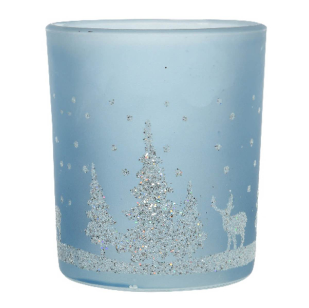 Weihnachts-Teelichtglas Sky Blue hellblau mit silberfarbenem Glitter Ø 7 cm - Glas