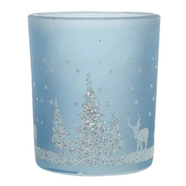 Weihnachts-Teelichtglas Sky Blue hellblau mit silberfarbenem Glitter Ø 7 cm - Glas