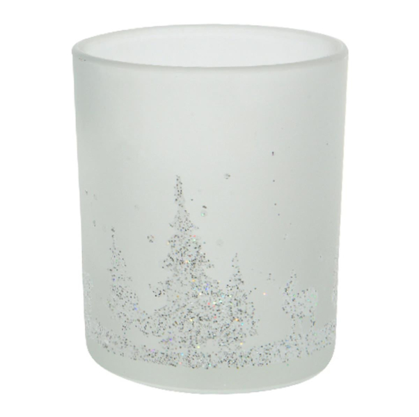Weihnachts-Teelichtglas Transparent satiniert mit silberfarbenem Glitter Ø 7 cm -  Glas