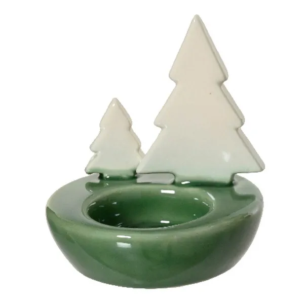 Weihnachtsteelichthalter Tannenbäume Grün/Weiß Ø 8,5 x 9 cm - Porzellan