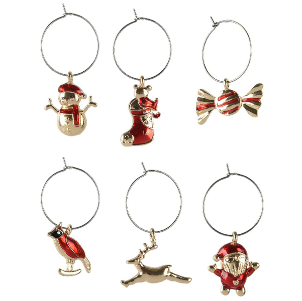 Weihnachtliche Weinglas-Markierer 6 Motive Rot & Goldfarben 6 Stück - Metall & Glas