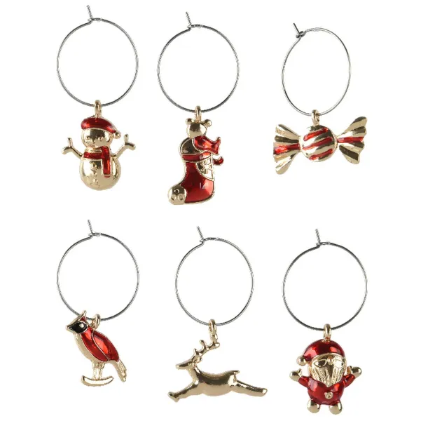 Weihnachtliche Weinglas-Markierer 6 Motive Rot & Goldfarben 6 Stück - Metall & Glas