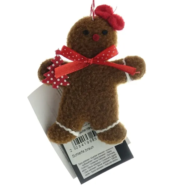 Kaemingk Weihnachtsanhänger Lebkuchenfigur Braun rote gepunktete Schleife - Polyester