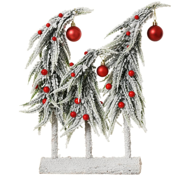 Weihnachtsdeko 3 Mini-Tannen beschneit mit roten Kugeln Höhe 40 cm Breite 30 cm Länge 12 cm - FSC Mix 100%