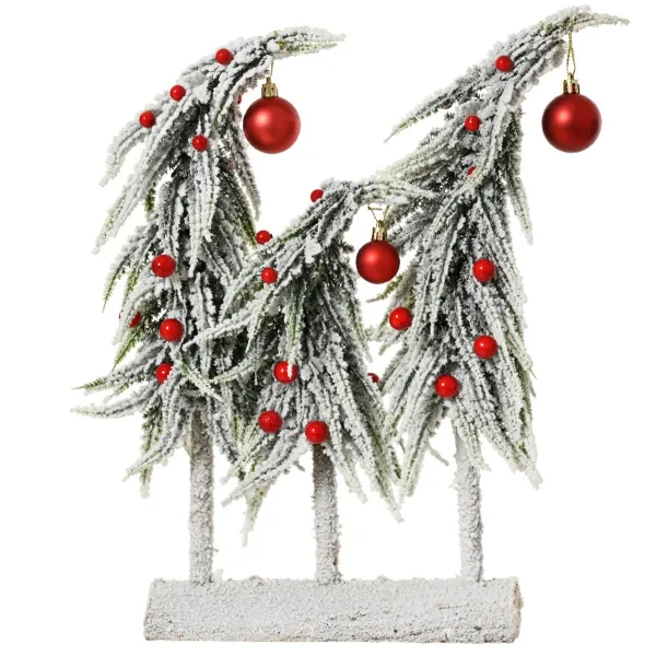 Weihnachtsdeko 3 Mini-Tannen beschneit mit roten Kugeln Höhe 40 cm Breite 30 cm Länge 12 cm - FSC Mix 100%