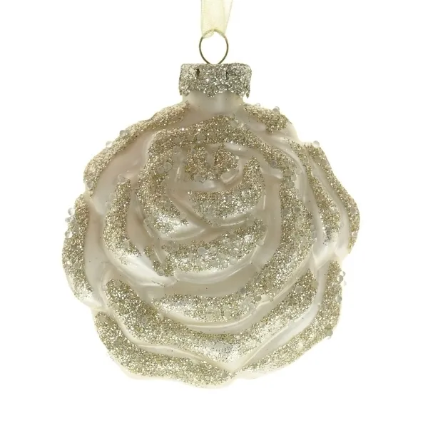 Kaemingk Weihnachtskugel Rosenblüte Beige mit Goldglitter 8 cm - Glas