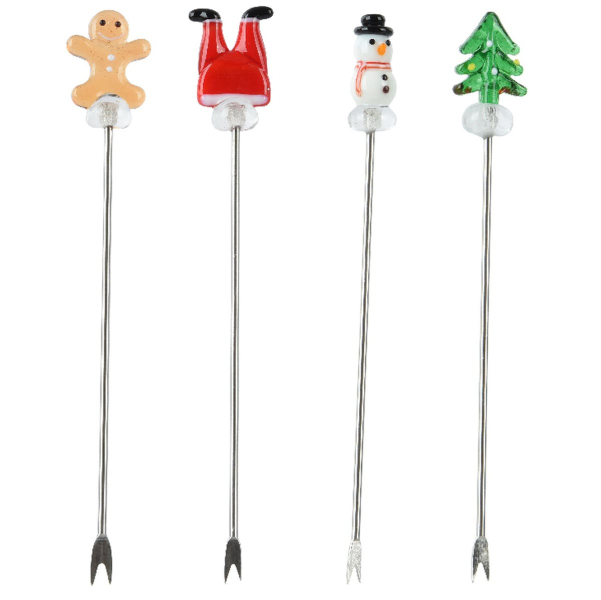 Weihnacht-Cocktailspieße Schneemann Beine Tannenbaum Lebkuchenmann - Edelstahl & Glas