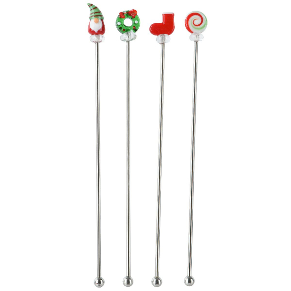 Weihnachtsrührstäbe 3D Scheibe Wichtel Kranz Strumpf 4 Stück - Edelstahl & Glas