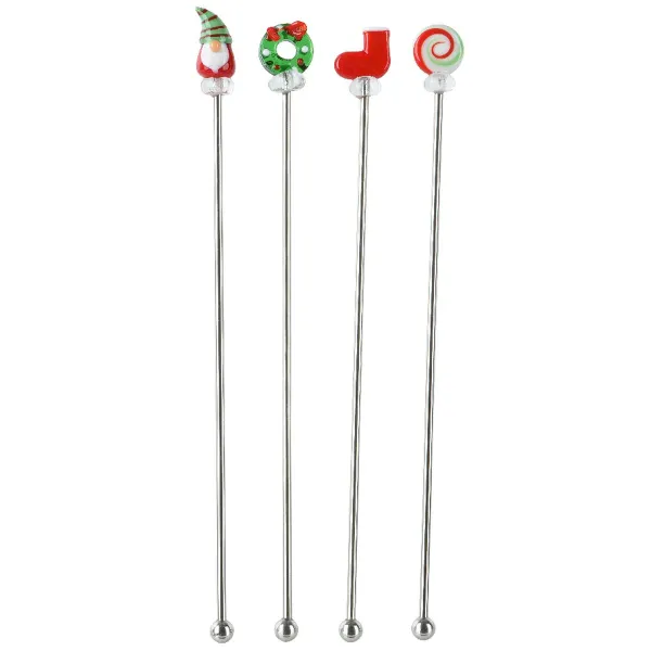 Weihnachtsrührstäbe 3D Scheibe Wichtel Kranz Strumpf 4 Stück - Edelstahl & Glas