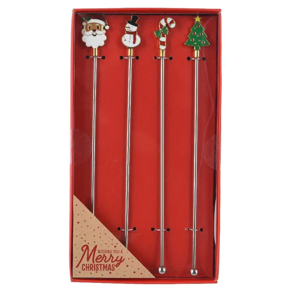Weihnachtsrührstäbe Weihnachtsmann Schneemann Zuckerstange Tannenbaum 4 Stück - Edelstahl