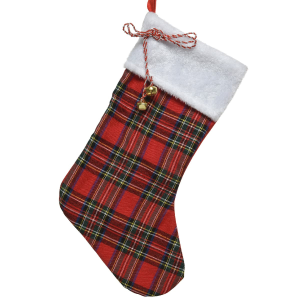 Nikolausstrumpf Rot & Grün kariert mit weißem Saum & 2 Glocken 23 x 40 cm - Polyester