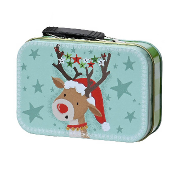 Mini - Weihnachtskoffer Rentier Hellblau mit butem Motiv 10 x 6,7 cm- Zinn