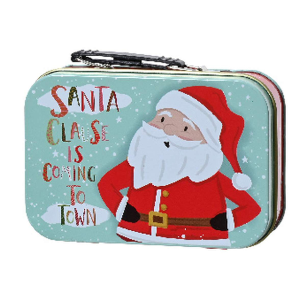 Mini - Weihnachtskoffer Weihnachtsmann Hellblau buntes Motiv 10 x 6,7 cm - Zinn