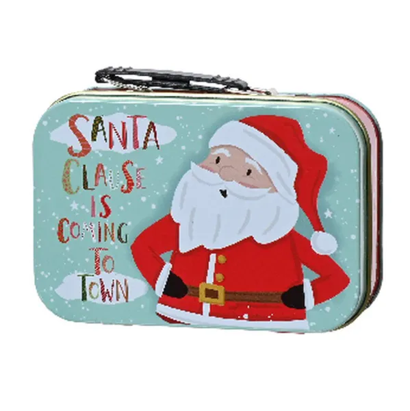 Mini - Weihnachtskoffer Weihnachtsmann Hellblau buntes Motiv 10 x 6,7 cm - Zinn