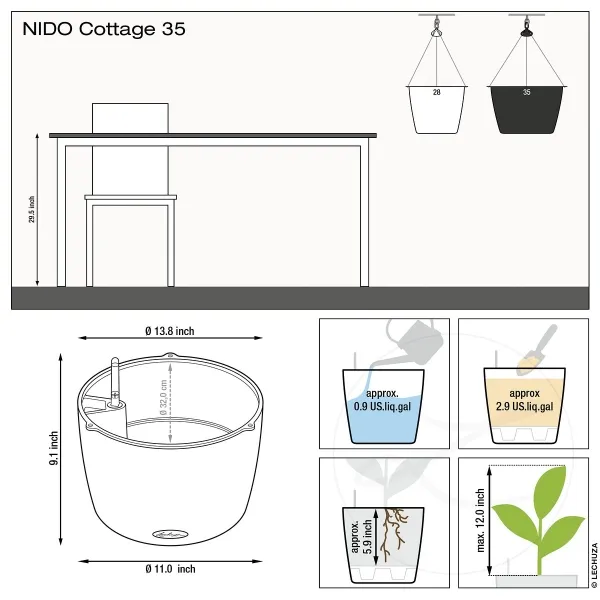 LECHUZA® Blumenampeln NIDO Cottage 35 Granit All-in-One
