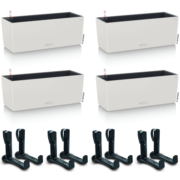 LECHUZA® Blumenkasten BALCONERA Color 50 Lichtgrau All-in-One x 4 + 8 Halter