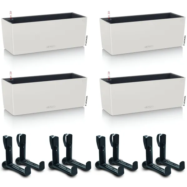 LECHUZA® Blumenkasten BALCONERA Color 50 Lichtgrau All-in-One x 4 + 8 Halter