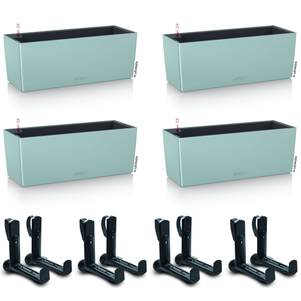 LECHUZA® Blumenkasten BALCONERA Color 50 Pastellgrün All-in-One x 4 + 8 Halter
