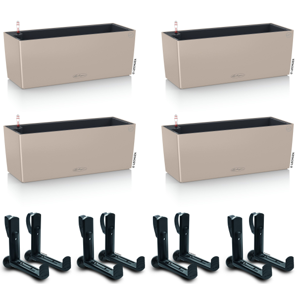 LECHUZA® Blumenkasten BALCONERA Color 50 Sandbraun All-in-One x 4 + 8 Halter