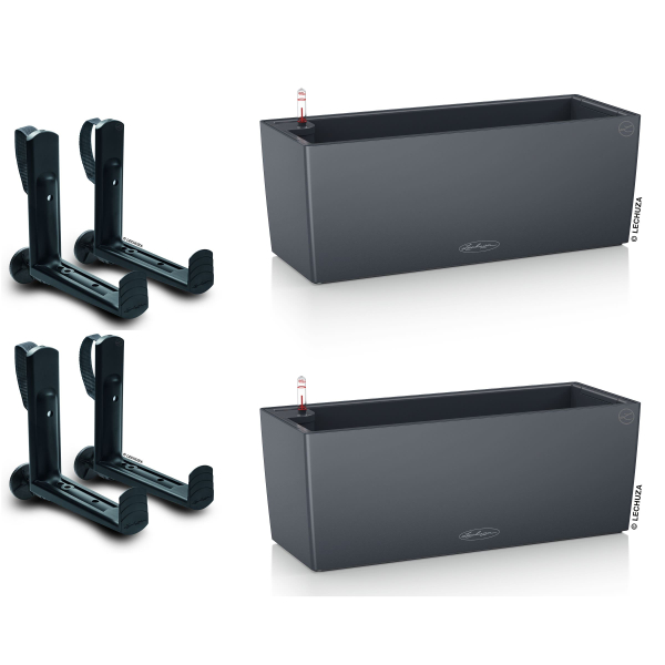 LECHUZA® Blumenkasten BALCONERA Color 50 Schiefergrau All-in-One x 2 + 4 Halter