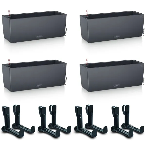 LECHUZA® Blumenkasten BALCONERA Color 50 Schiefergrau All-in-One x 4 + 8 Halter