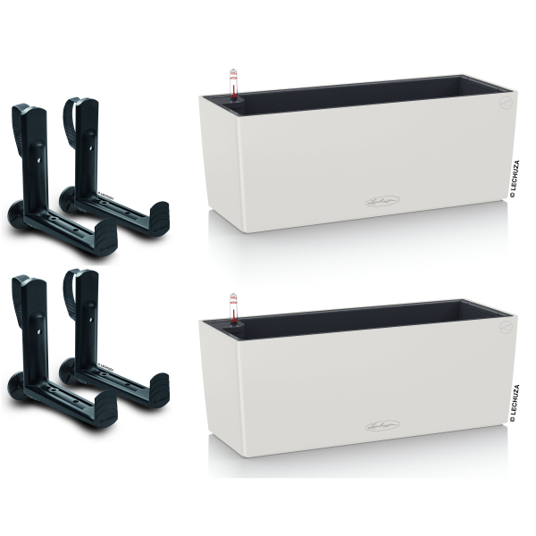 LECHUZA® Blumenkasten BALCONERA Color 50 Weiß All-in-One x 2 + 4 Halter