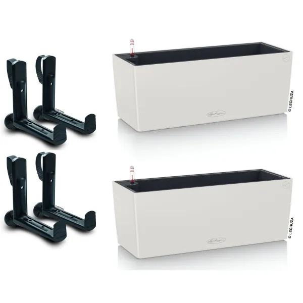 LECHUZA® Blumenkasten BALCONERA Color 50 Weiß All-in-One x 2 + 4 Halter