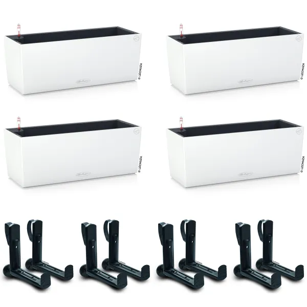 LECHUZA® Blumenkasten BALCONERA Color 50 Weiß All-in-One x 4 + 8 Halter
