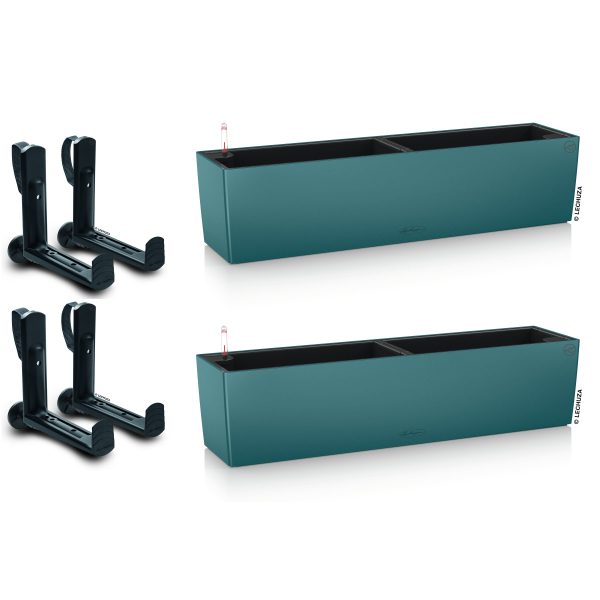 LECHUZA® Blumenkasten BALCONERA Color 80 Petrolblau All-in-One x 2 + 4 Halter
