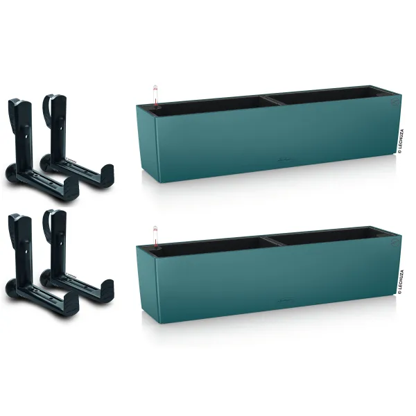 LECHUZA® Blumenkasten BALCONERA Color 80 Petrolblau All-in-One x 2 + 4 Halter