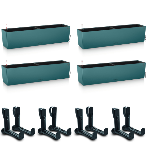 LECHUZA® Blumenkasten BALCONERA Color 80 Petrolblau All-in-One x 4 + 8 Halter
