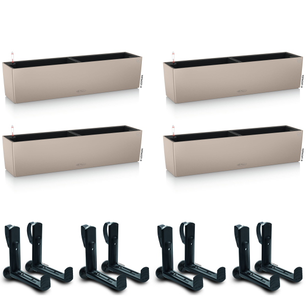 LECHUZA® Blumenkasten BALCONERA Color 80 Sandbraun All-in-One x 4 + 8 Halter