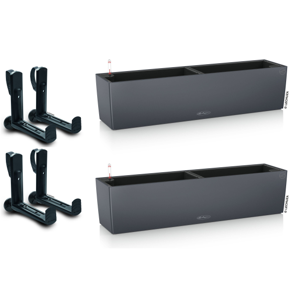 LECHUZA® Blumenkasten BALCONERA Color 80 Schiefergrau All-in-One x 2 + 4 Halter