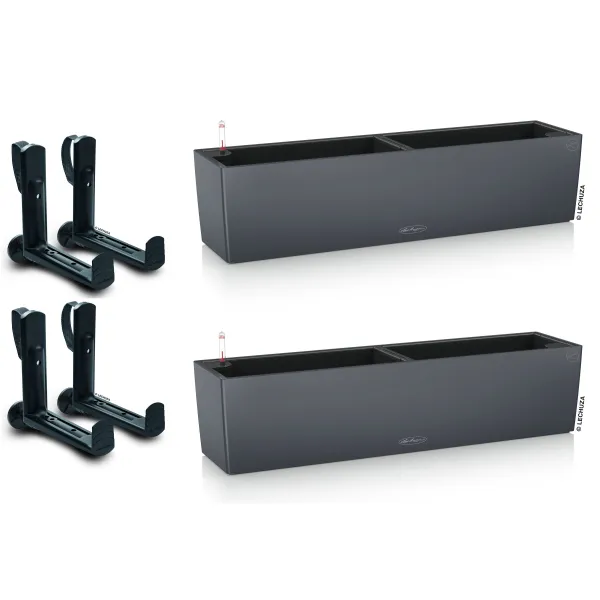 LECHUZA® Blumenkasten BALCONERA Color 80 Schiefergrau All-in-One x 2 + 4 Halter