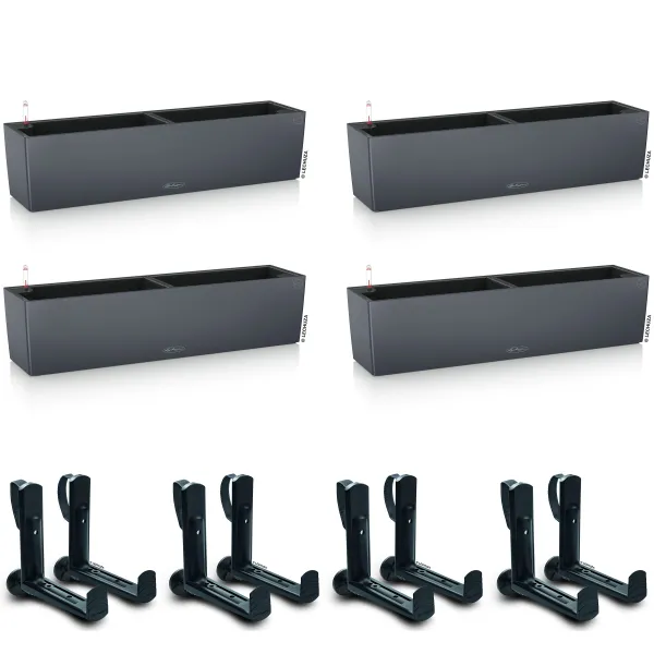 LECHUZA® Blumenkasten BALCONERA Color 80 Schiefergrau All-in-One x 4 + 8 Halter