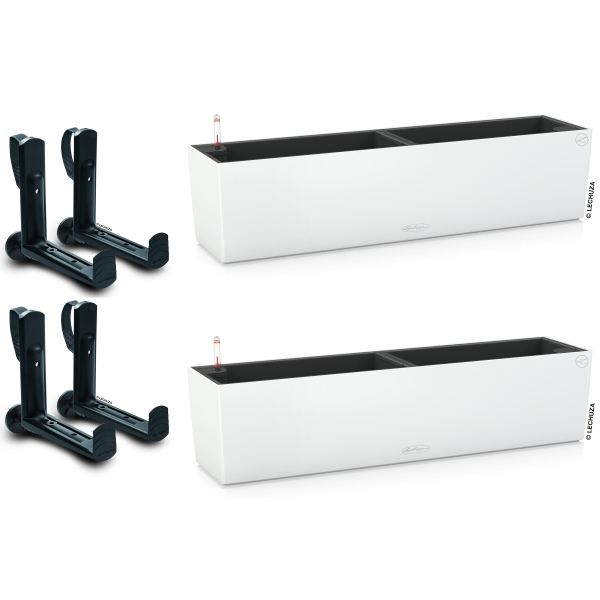LECHUZA® Blumenkasten BALCONERA Color 80 Weiß All-in-One x 2 + 4 Halter
